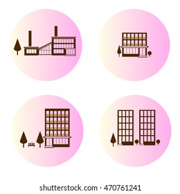 Set of flat house silhouettes on the pink background