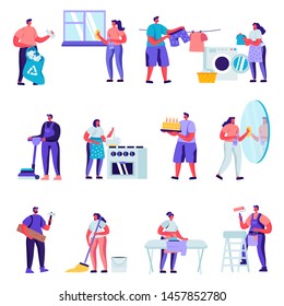Conjunto de caracteres de los propietarios planos que limpian caracteres domésticos. Caricaturas Todos Los Días Rutinarios, Especialistas En Arreglo Técnico. Ilustración vectorial.