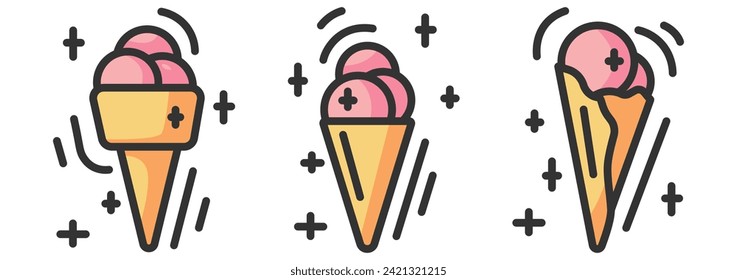 Set of flat ice cream icon in pink, blue and yellow colors 