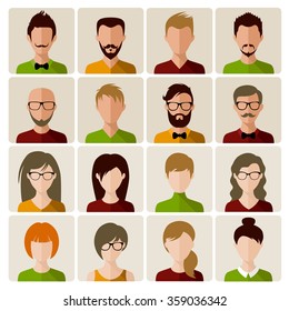 Set of flat icon avatar young people. Men and women with different hair style.