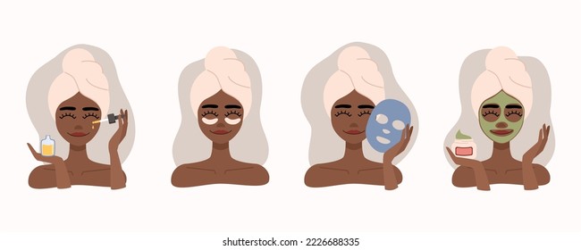 Conjunto de procedimientos de belleza de iconos planos. Chica con toalla sobre la cabeza usa suero, máscara facial, crema y parches para los ojos