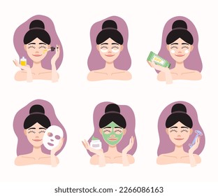 Set of flat icon beauty procedure. Girls use facial oil, eye patches, facial mask, spf, cream, roller.