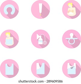 Set of flat icon of breastfeeding. Breast pads,bottle, breast pump,bottles, nursing cover, correct latch-on, incorrect latch-on, colostrum, breastfeeding bra, storage bag.