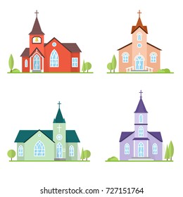 Set of flat icon churches. For web design and application interface, also useful for infographics. Vector illustration. Catholic churches landscape.