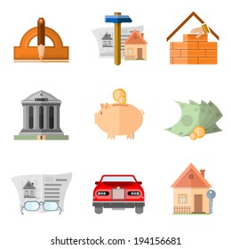 Set of flat icon design and building house earn and multiply money and result