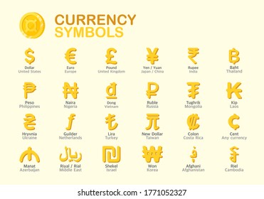 Set of flat icon design of international currency symbol. Vector illustration.