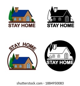 Un conjunto de diseño de iconos llanos con la frase "ESTAY HOME" debajo de una pequeña y bonita casa. Ha seguido a la campaña COVID19 para dejar de difundir el virus.