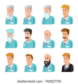 Set of flat icon of doctors different age and specially on white