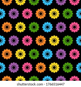 Set of flat icon flower icons in silhouette isolated on black background. Cute retro design in bright colors for stickers, labels, tags, gift wrapping paper. seamless pattern decoration cartoon