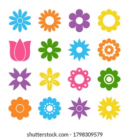 Set of flat icon flower icons in silhouette isolated on white. Cute retro design in bright colors for stickers, labels, tags, gift wrapping paper.
