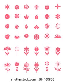 Set of flat icon flower icons in silhouette isolated on white. Cute retro design in bright colors for stickers, labels, tags, gift wrapping paper.