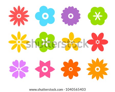 Set of flat icon flower icons in silhouette isolated on white. Cute retro design in bright colors for stickers, labels, tags, gift wrapping paper.