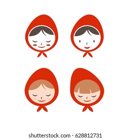 Set Of Flat Icon Girl In Red Hat. Vector Illustration