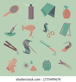 Set flat icon, hairdresser instrument, closeup, vector graphics eps 10.
