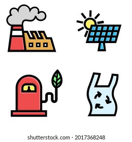 Set von flachen Ikone Illustrationen der Ökologie, Fabrikrauchen, Solarstrom, Öko-Brennstoff, Plastikweise. Vektordesign