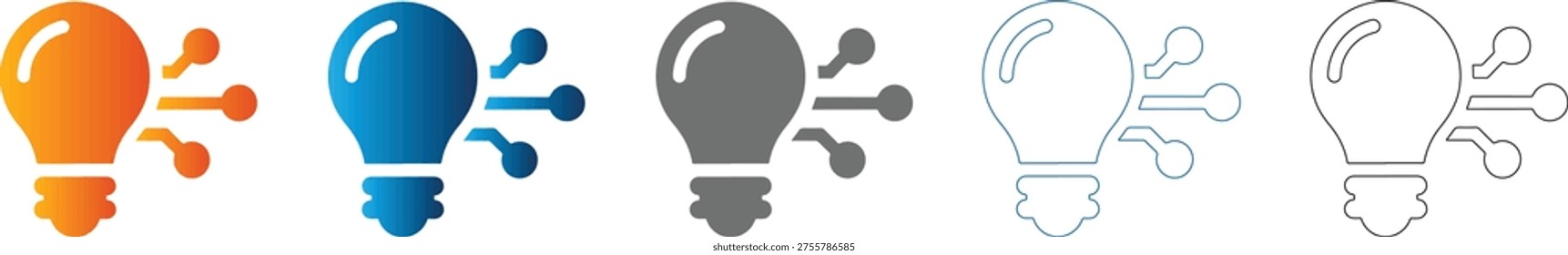 Set of flat icon light bulb symbols in various colors and styles, solid black lines, vector, isolated on white background.