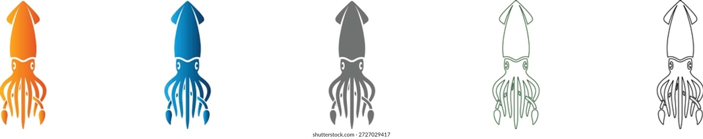 Um conjunto de ilustrações de lulas de ícone plano em preto sólido, formato vetorial, isolado em branco. Parte de um conjunto de ícones consistente para diversas necessidades de design.