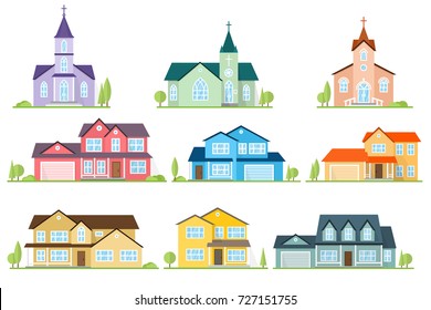 Set of flat icon suburban american houses and churches. For web design and application interface, also useful for infographics. Vector illustration.Catholic Church landscape.