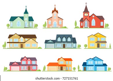 Set of flat icon suburban american houses and churches. For web design and application interface, also useful for infographics. Vector illustration.Catholic Church landscape.