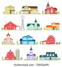Set of flat icon suburban american houses, churches and farms. For web design and application interface, also useful for infographics. Vector illustration.