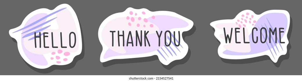 Set of flat icon template with text Hello, Thank you, Welcome in purple and dark gray with shapes, lines and dots for web, posters, stickers
