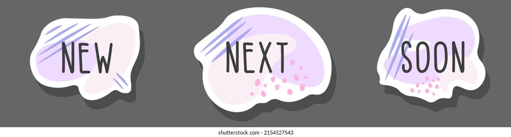 Set of flat icon template with text New, Next, Soon in purple and dark gray with shapes, lines and dots for web, posters, stickers