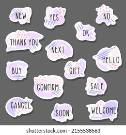 Set of flat icon template with text New, Thank you, Next, Hello, Buy, Confirm, cancel, Soon, Welcome in purple and dark gray with shapes for web, posters, stickers