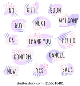 Set of flat icon template with text New, Thank you, Next, Hello, Buy, Confirm, cancel, Soon, Welcome in purple and dark gray with shapes for web, posters, stickers