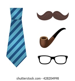 Set of flat icon tie, glasses, smoking pipe and mustache . For Father's Day creating card web design and application interface, also useful for infographics. Vector illustration.