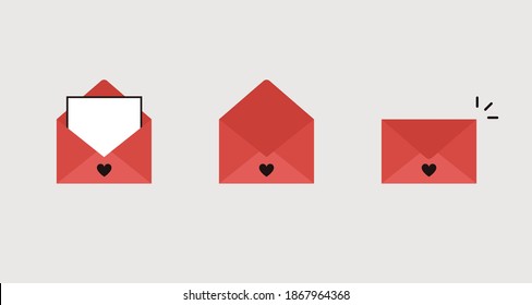 Set flat icon vector letters in open and closed envelopes. Receive and send messages. Postcards for holidays, Merry Christmas, New Year and Valentines day. Red