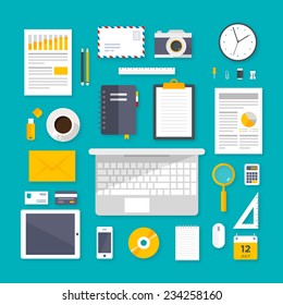 Set of flat icon vector work desk collection. Contain office elements business items, finance work-flow equipment and daily used instruments for finance and marketing.