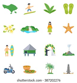 Set of flat icons about Bali with different types of entertainments and events isolated vector illustration