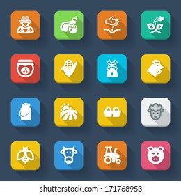 Set of flat icons about farming in a square with long shadow