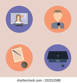 Set of flat icons about media, news icons: TV presenter, reporter, journalist. Icons of journalism