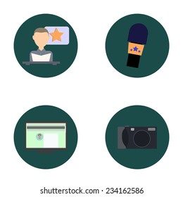 Set of flat icons about media, news icons: TV presenter, reporter, journalist. Icons of journalism
