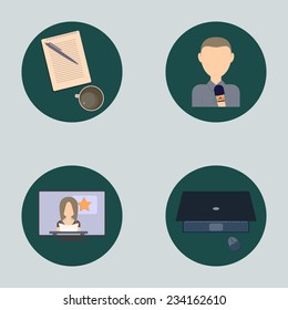 Set of flat icons about media, news icons: TV presenter, reporter, journalist. Icons of journalism