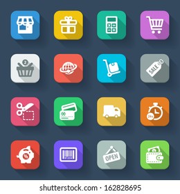 Set of flat icons about shopping in a square with long shadow