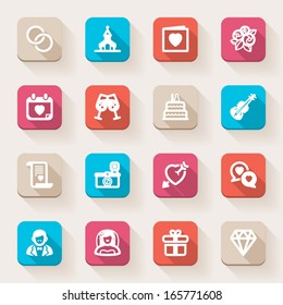 Set of flat icons about weddings in a square with long shadow