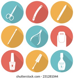 Set of flat icons of accessories for nail care - manicure and pedicure. Scissors, nail files, cuticle pusher, cuticle nipper, nail polish, nail polish brush, nail polish remover. Vector illustration