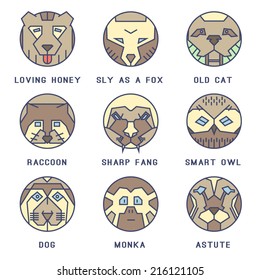 A set of flat icons with animals. Bear, grizzly, avatar, person, character, hero, person, profile,owl, tiger, wild, wild, raccoon, monkey dog, old cat.