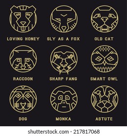 A set of flat icons with animals. Bear, grizzly, avatar, person, character, hero, person, profile,owl, tiger, wild, wild, raccoon, monkey dog, old cat.