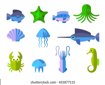 set of flat icons with aquatic animals