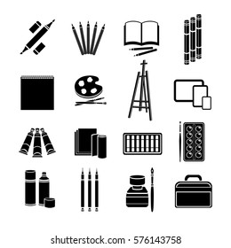 Set flat icons art supplies, art materials. Professional art marker, colored pencils, sketchbook, palette and brush, easel, paint in tube, watercolor, spray paint, liner, pen and ink, pastel, bag