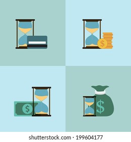 set of flat icons with banknote, coins, money bag, credit card and hourglass, time is money, time management concept