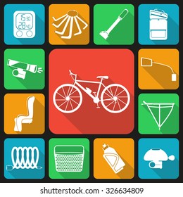 Set of flat icons of bicycle accessories. Thirteen bike icons, infographic elements. Flat long shadow design. Vector illustration. Bicycle set number two.