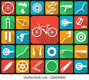 Set of flat icons of bicycle spare parts. Twenty seven icons, infographic elements. Flat long shadow design. Vector illustration