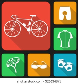 Set of flat icons of bicycle uniform. Six bike icons, infographic elements. Flat long shadow design. Vector illustration. Bicycle set number three.