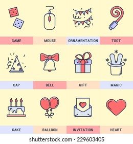 Set flat icons. Birthday, holiday, date, greeting, entertainment, decoration, gifts