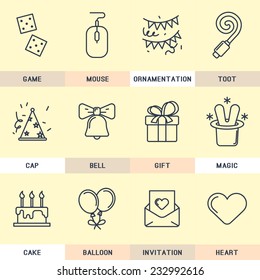 Set flat icons. Birthday, holiday, date, greeting, entertainment, decoration, gifts