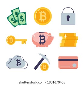 Set of flat icons with blockchain concept, safe bitcoin, cryptocurrency mining, capital accumulation and cash dollars. Isolated vector illustration on white background.